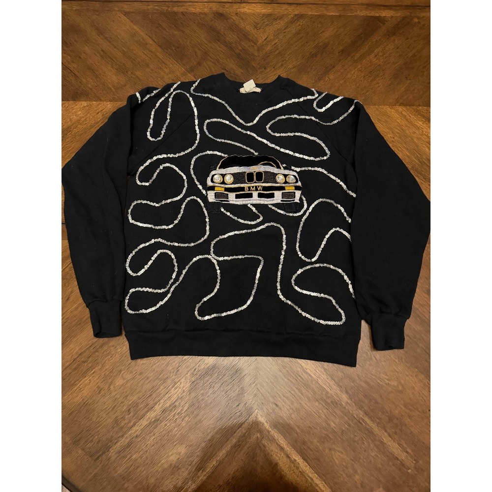 Vintage Donan BMW Sequin Beaded Sweatshirt Black Crewneck Made in USA Retro